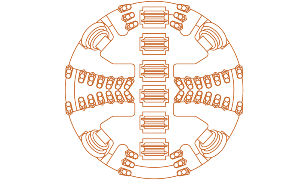 Diagram: MTBM cutter head with a mix of disk cutters and chisel teeth